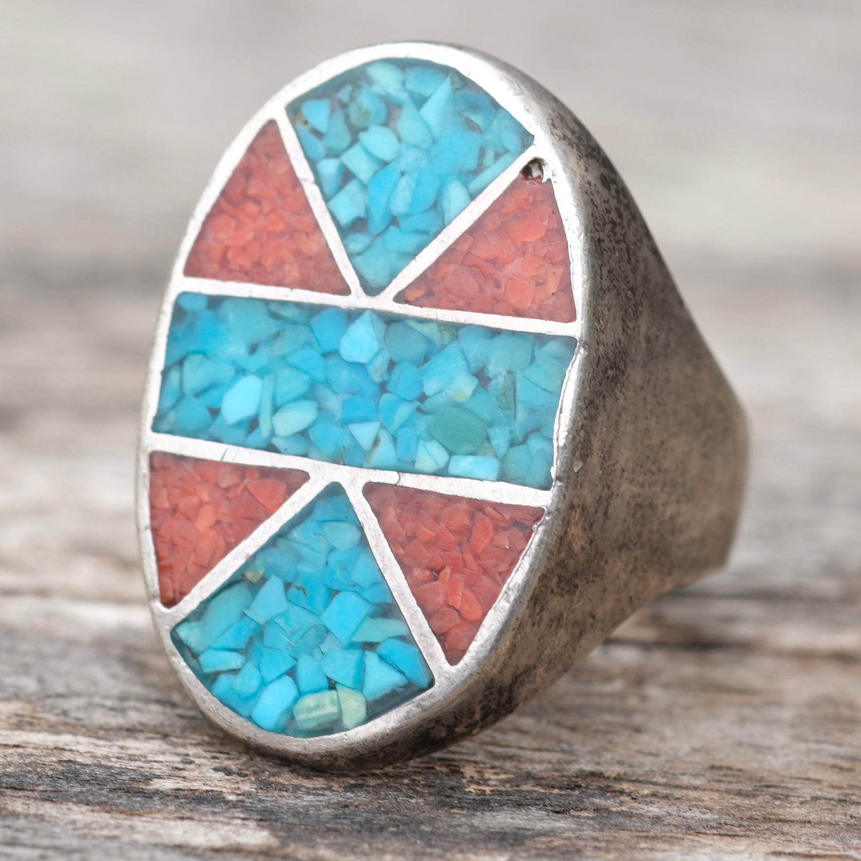 Vintage Sterling Turquoise and Coral Inlay Ring 9.75