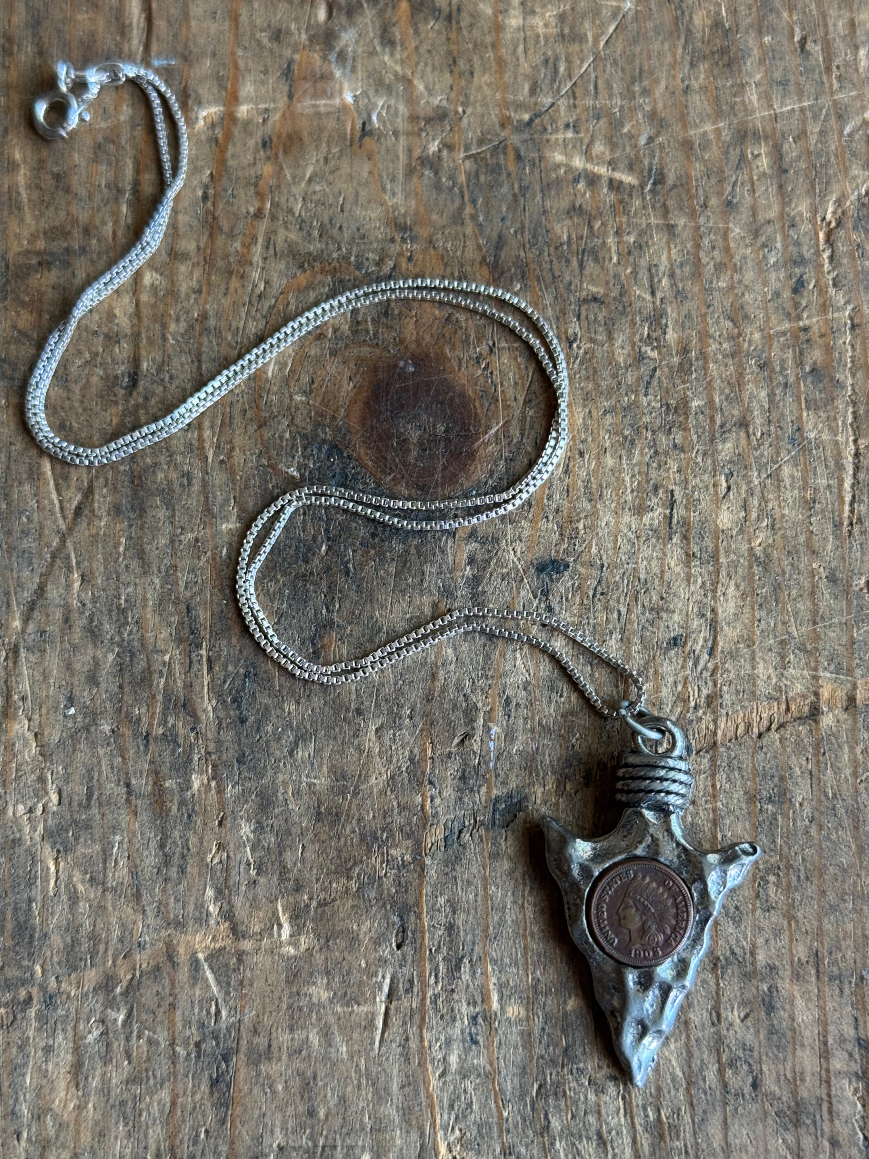 Vintage Sterling Silver Arrowhead & Copper Coin Necklace