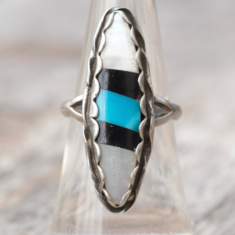 Vintage Sterling Turquoise and Onyx and MOP Inlay Roper Ring 6.75