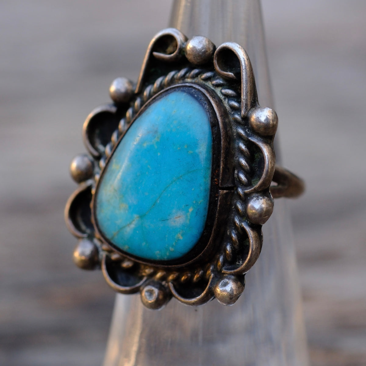 Vintage Sterling Turquoise Florette Ring 4.25