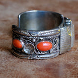 Vintage Sterling Coral Watch Cuff Bracelet