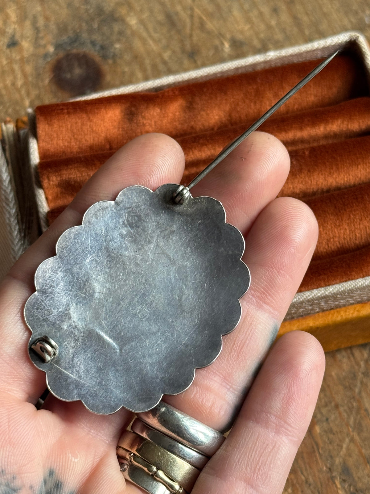 Vintage Sterling Silver Turquoise Stamped Concho Pin