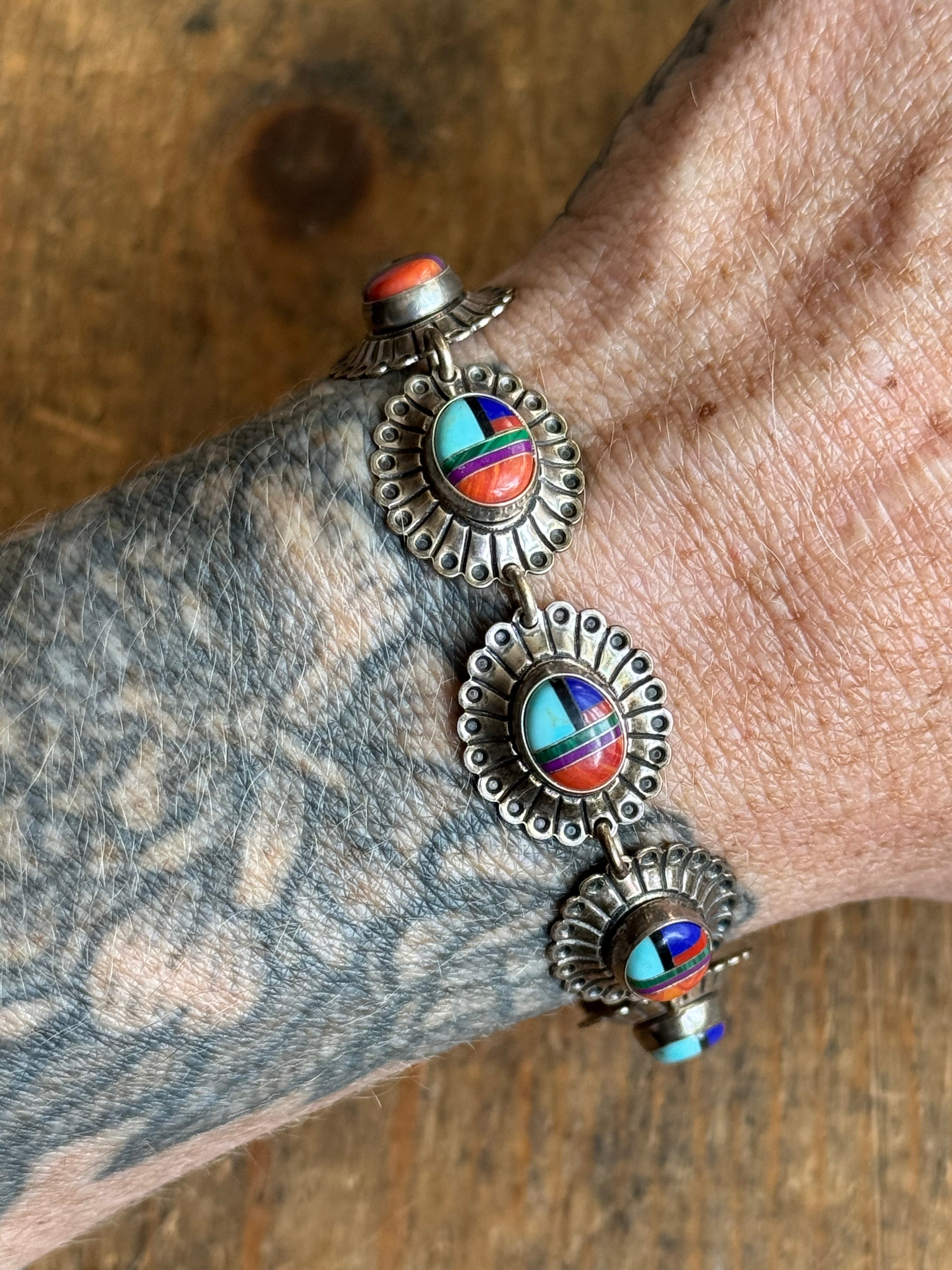 Vintage Sterling Silver 7.25” Multistone Inlay Concho Link Bracelet
