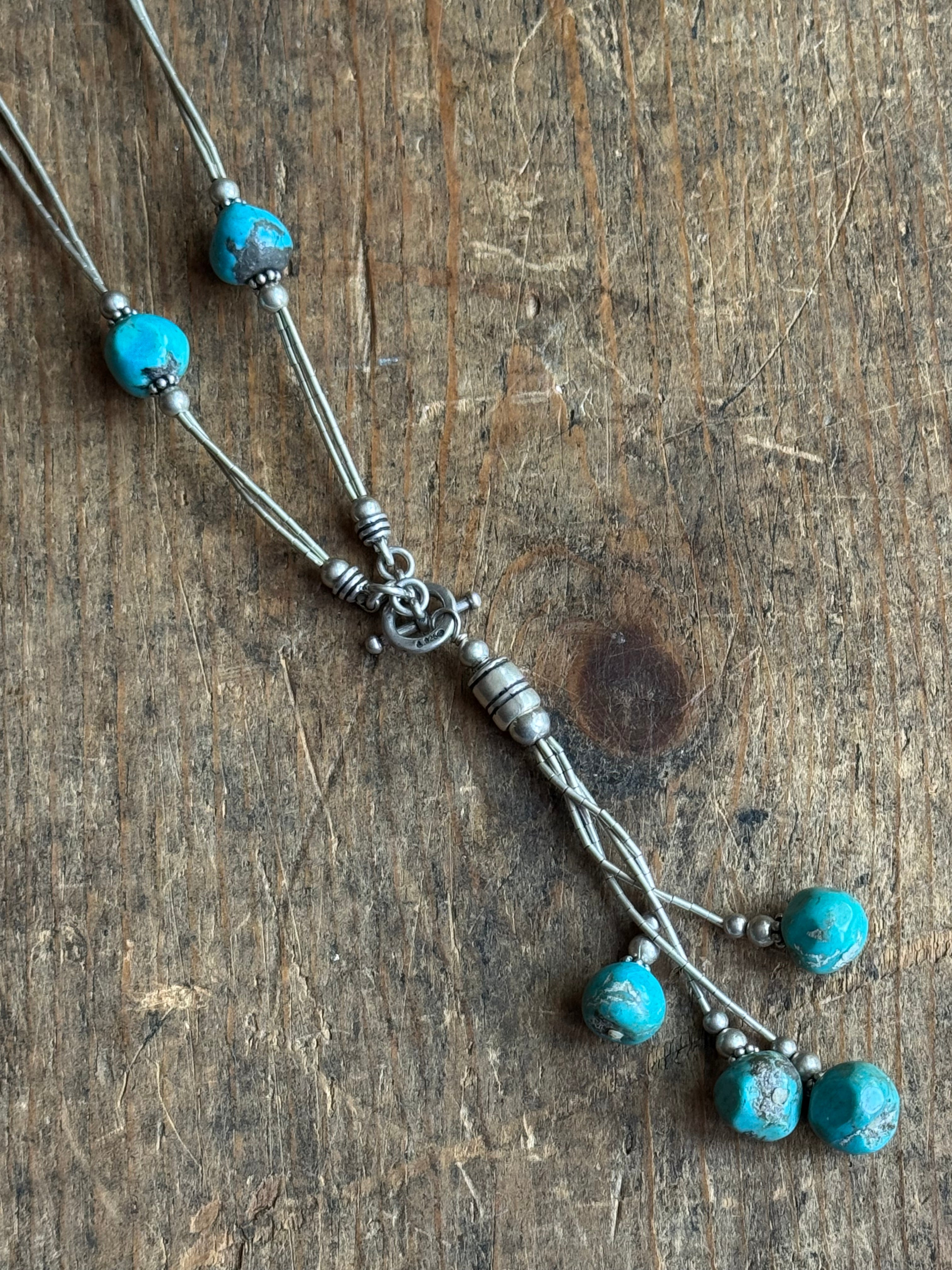 Vintage Sterling Silver Bead Block Turquoise Toggle Lariat Necklace