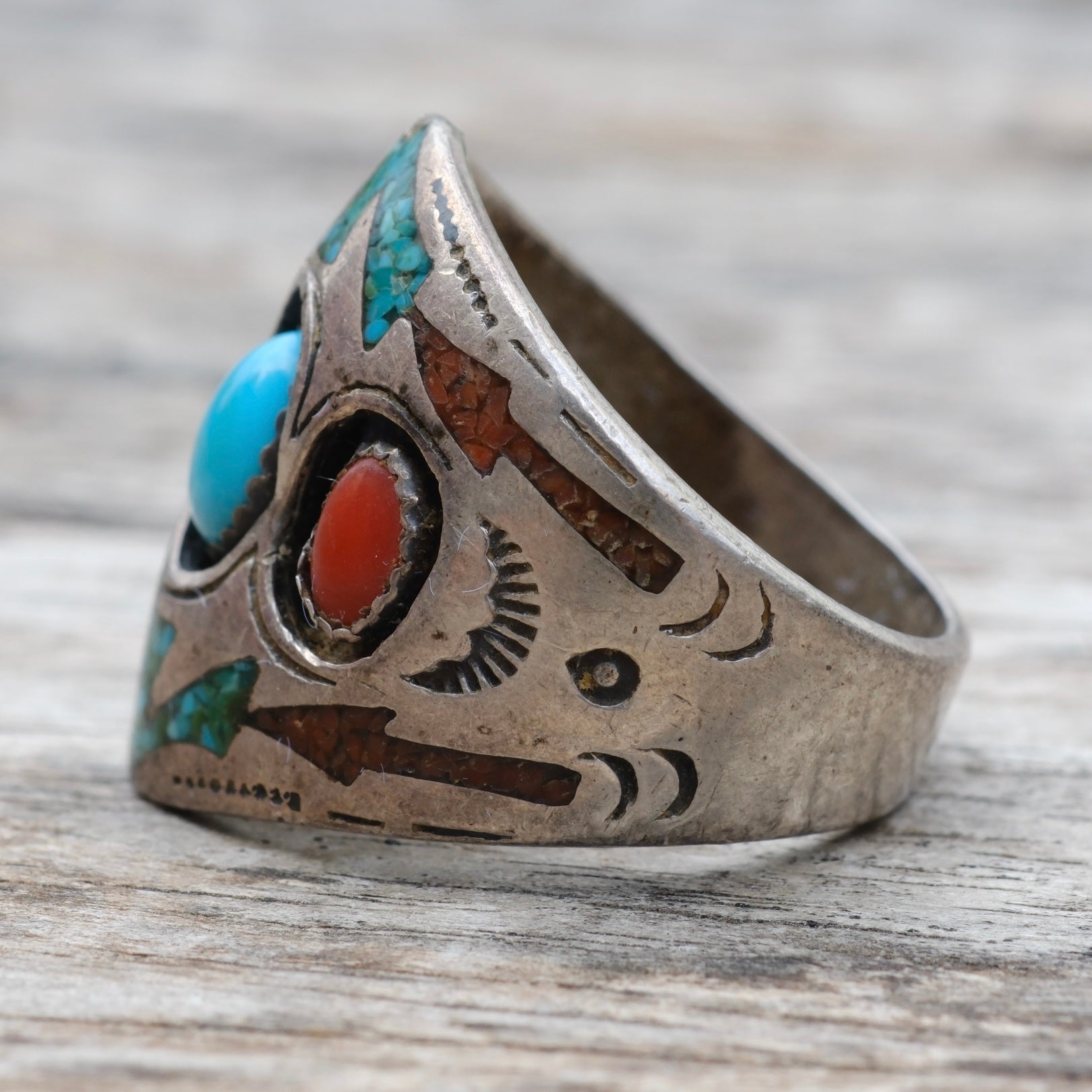 Vintage Sterling Turquoise and Coral Inlay Ring 10.5