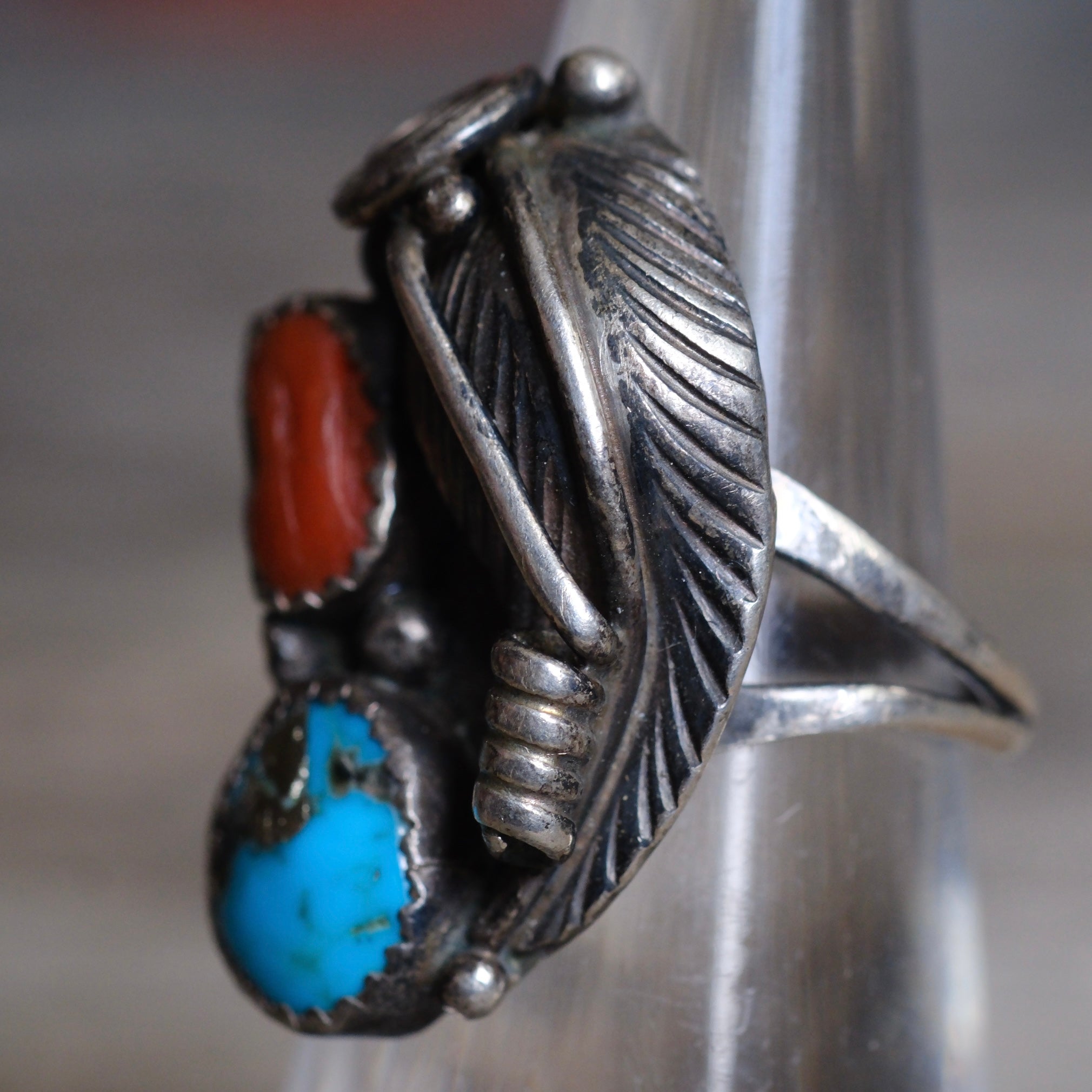 Vintage Sterling Turquoise and Coral Feather Ring 5.5