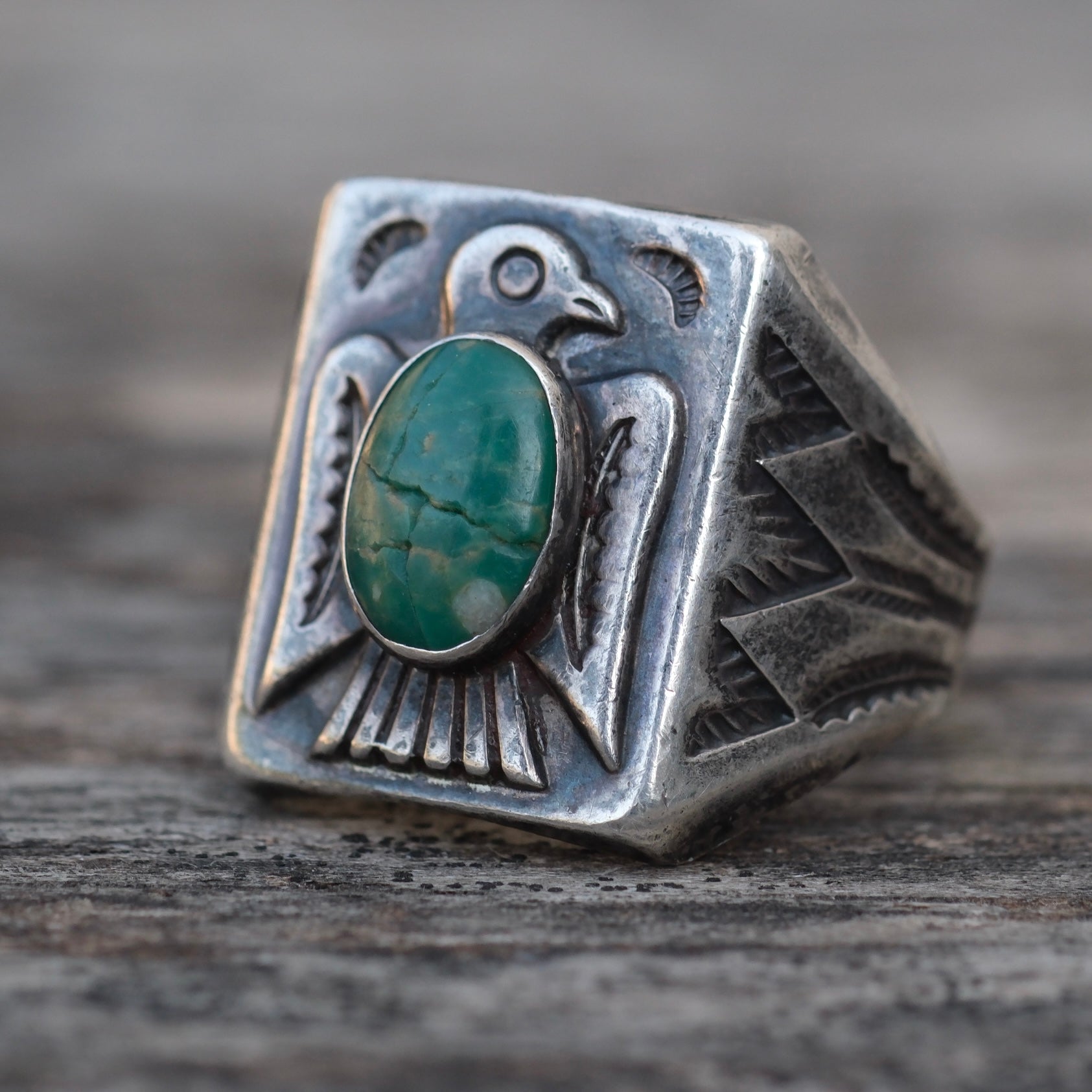 Vintage Sterling Bells Trading Post Turquoise Thunderbird Ring 10