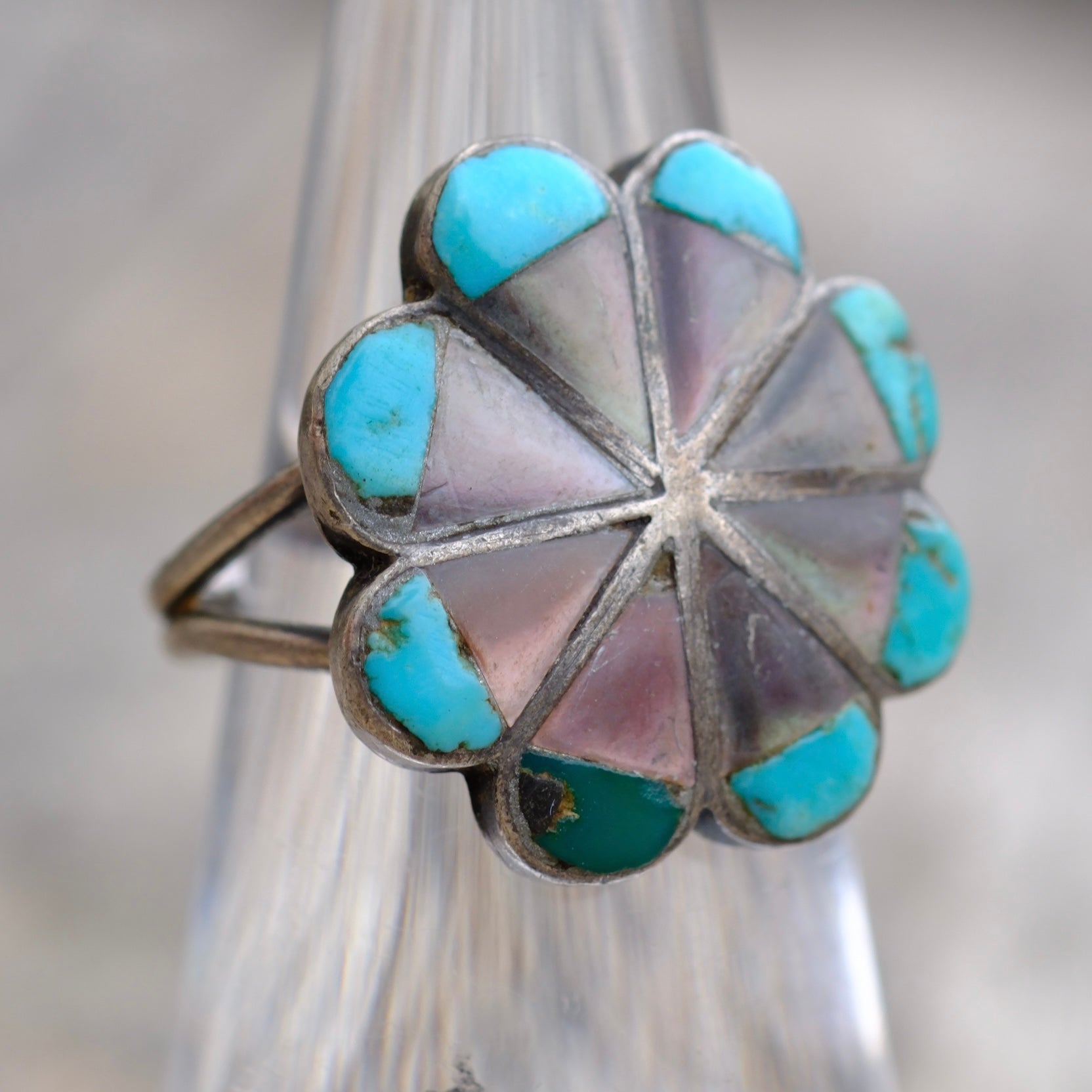 Vintage Sterling Abalone and Turquoise Flower Ring 5