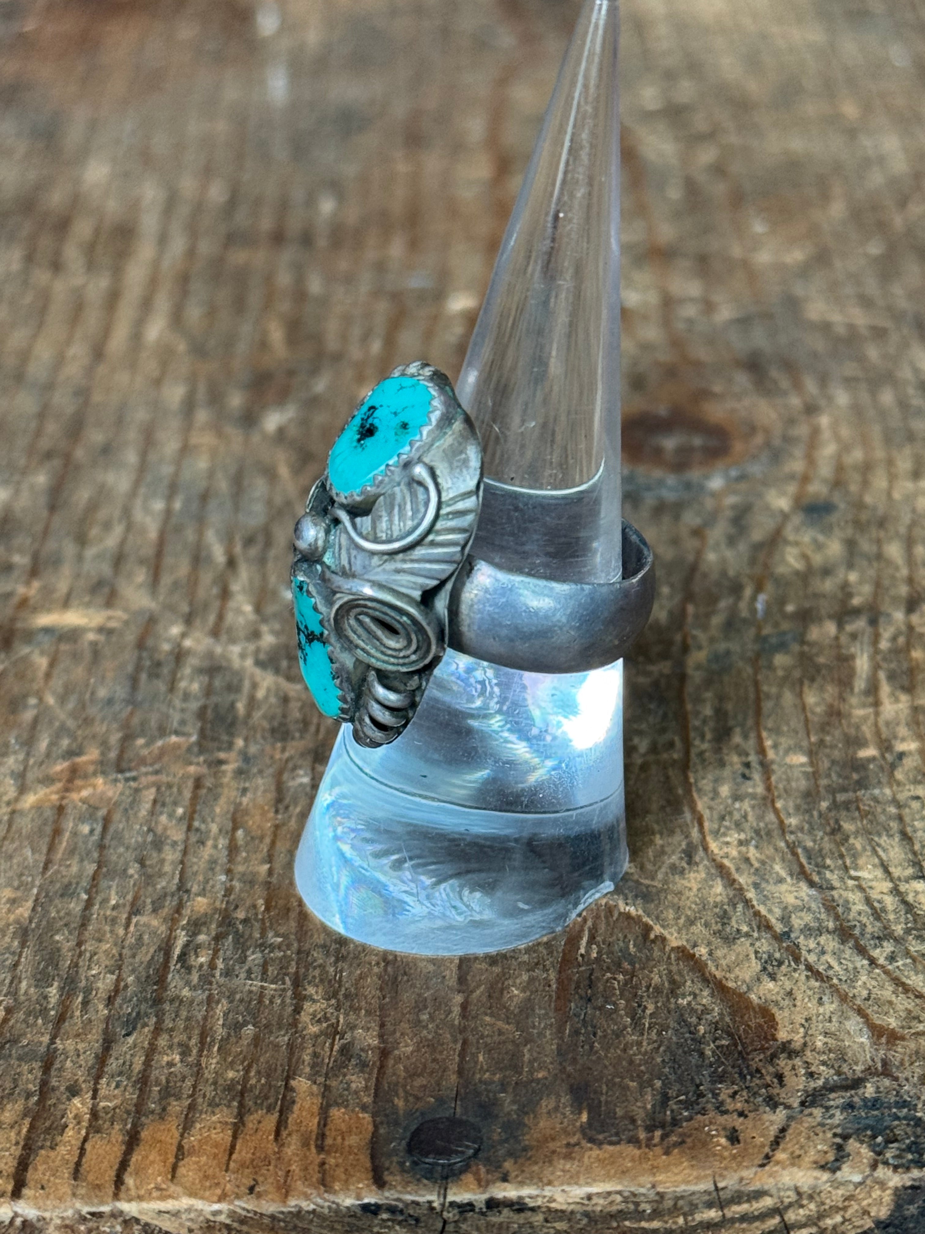 Vintage Sterling Silver Turquoise Flower Ring 7.25