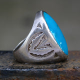 Vintage Sterling Turquoise V For Victory Bells Trading Post Ring 10