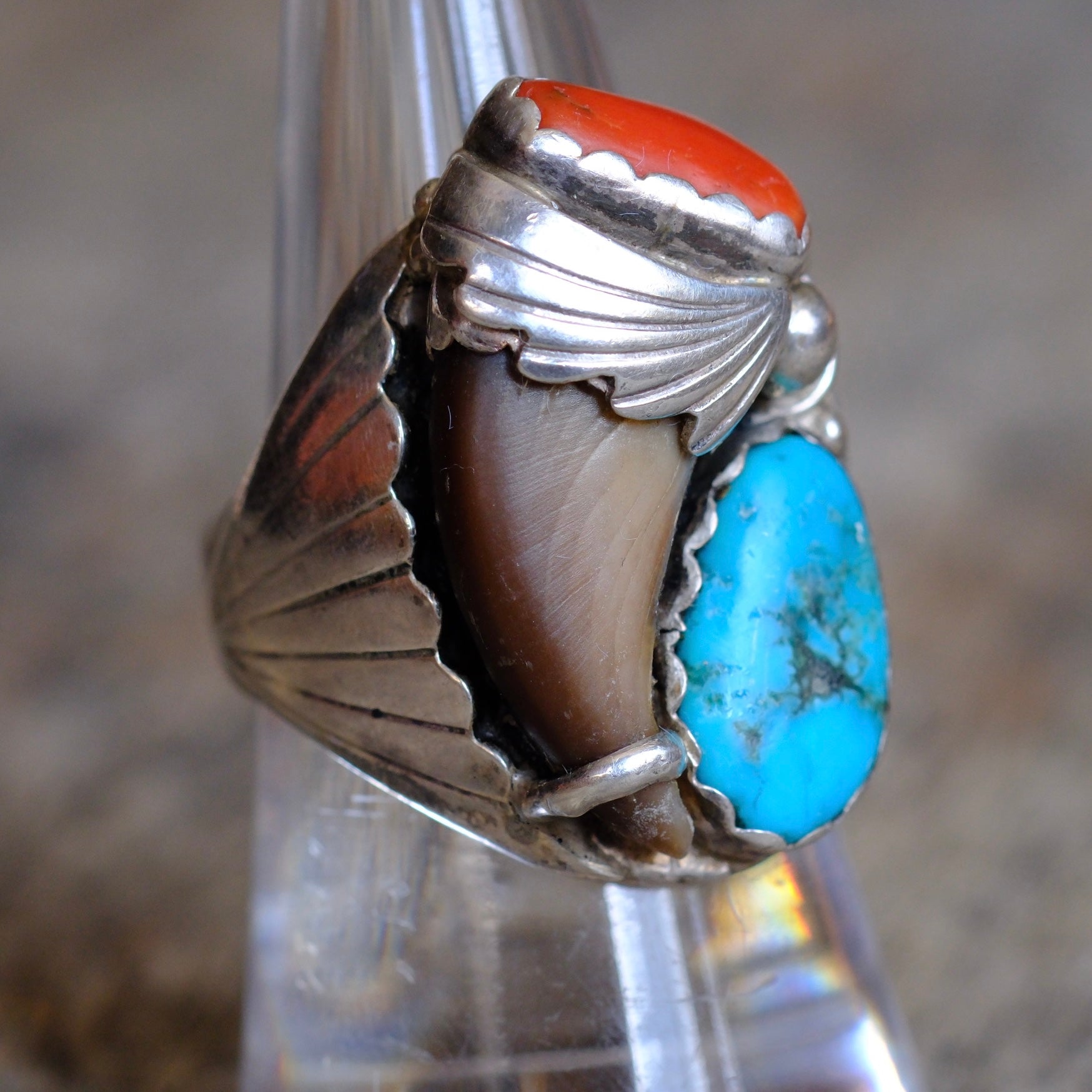 Vintage Sterling Turquoise and Coral Claw Ring 8.25