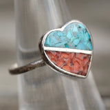 Vintage Sterling Turquoise and Coral Heart Ring 7
