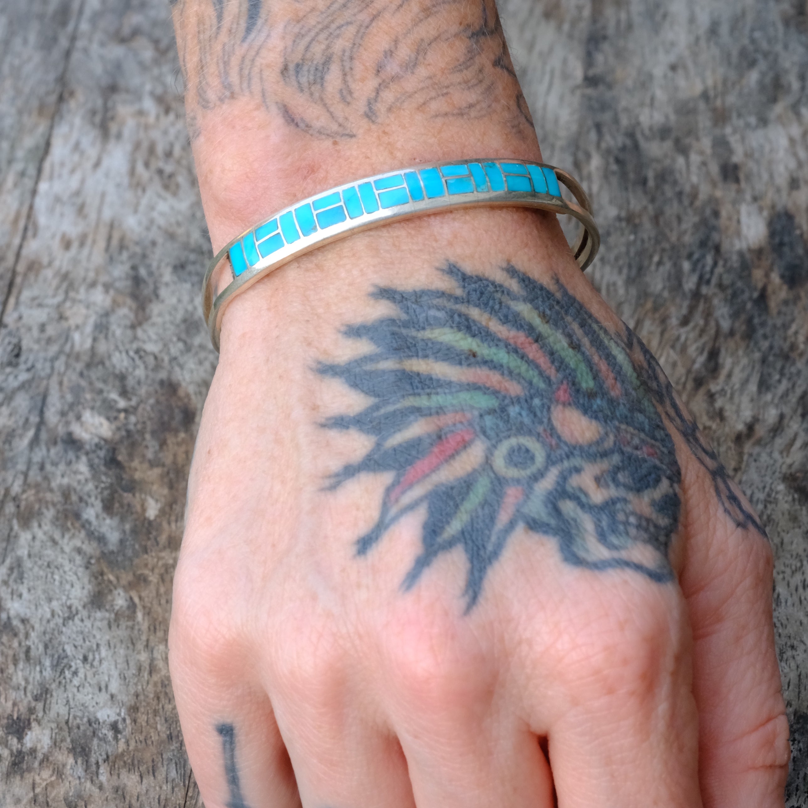 Vintage Sterling Silver Turquoise Inlay Cuff Bracelet