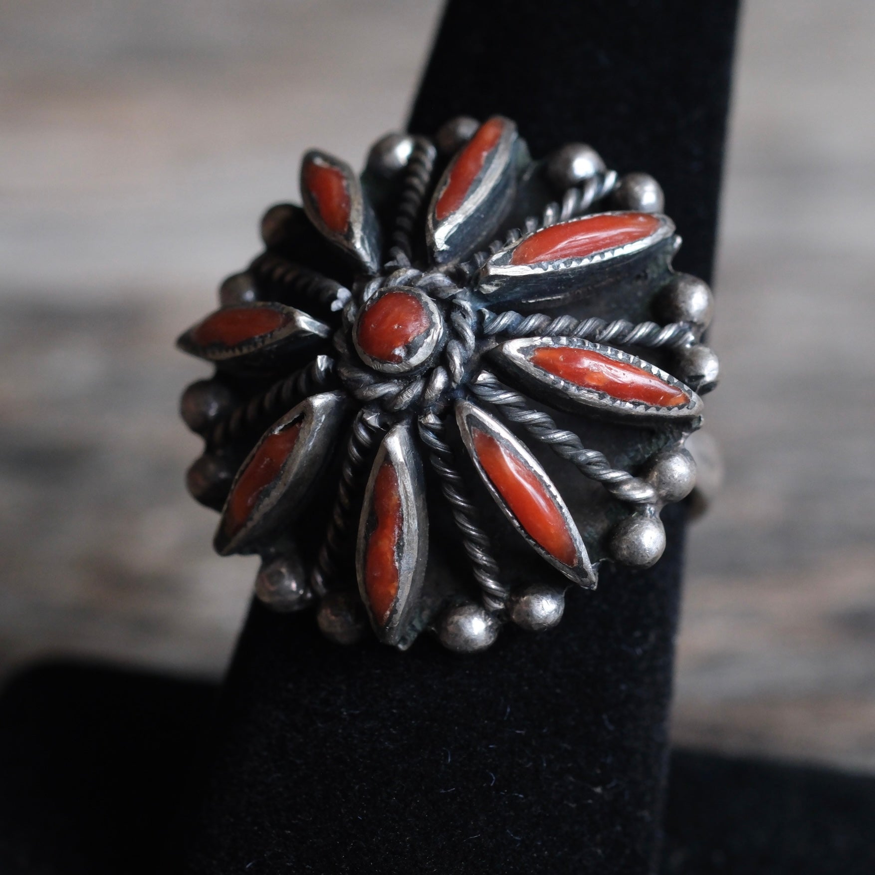 Vintage Sterling Coral Cluster Ring 7.5