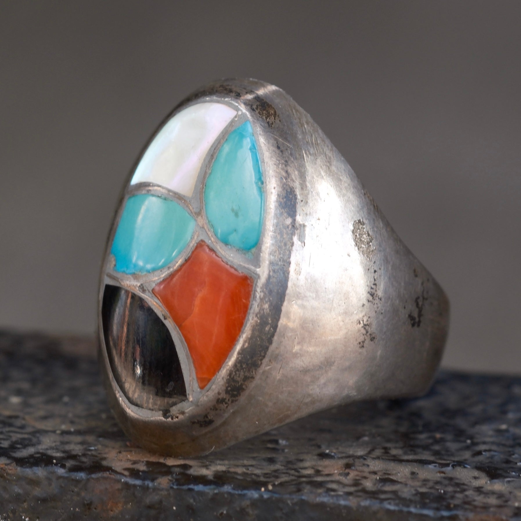 Vintage Sterling Multistone Inlay Fish Scale Ring 12
