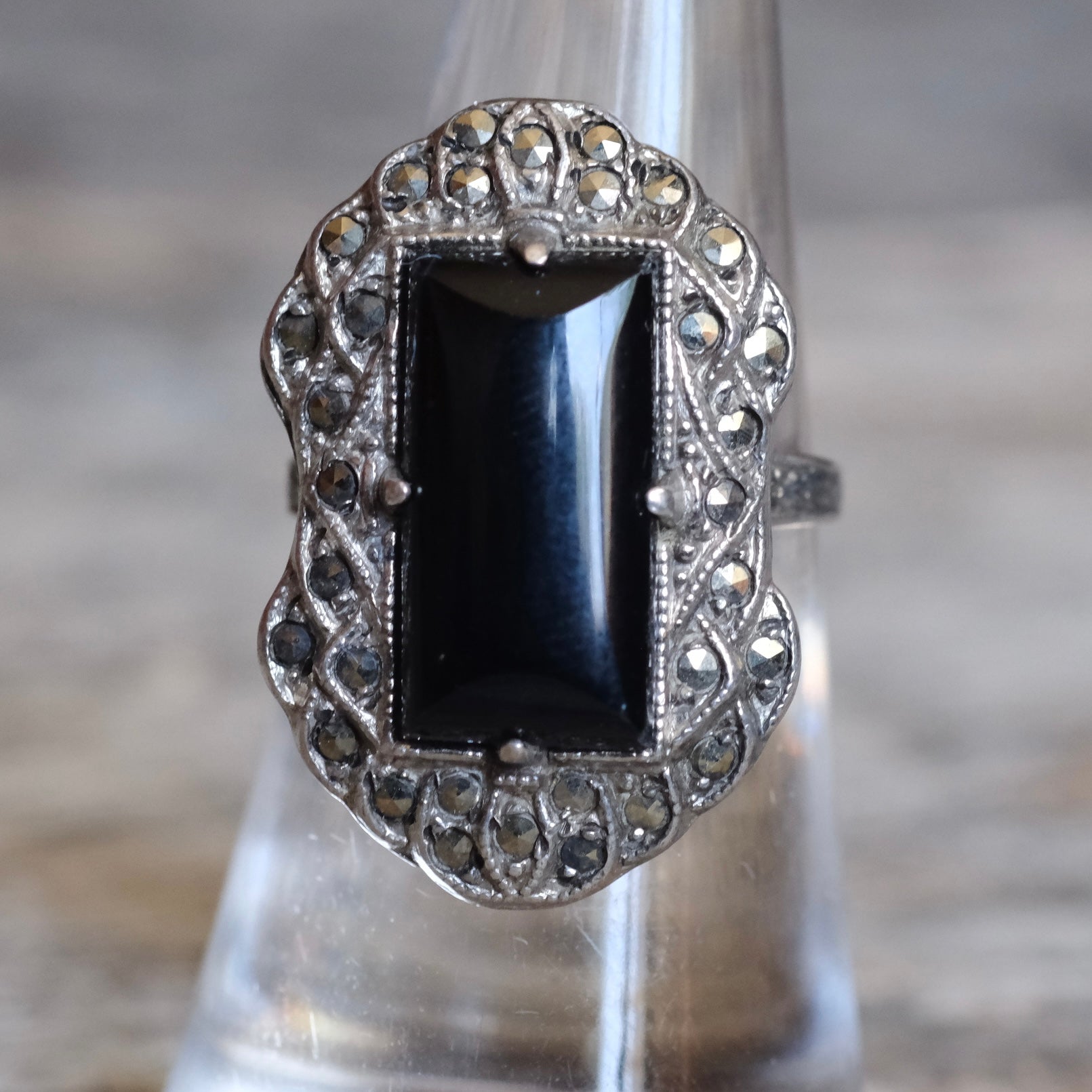 Vintage Sterling Onyx Marcasite Ring 6.75
