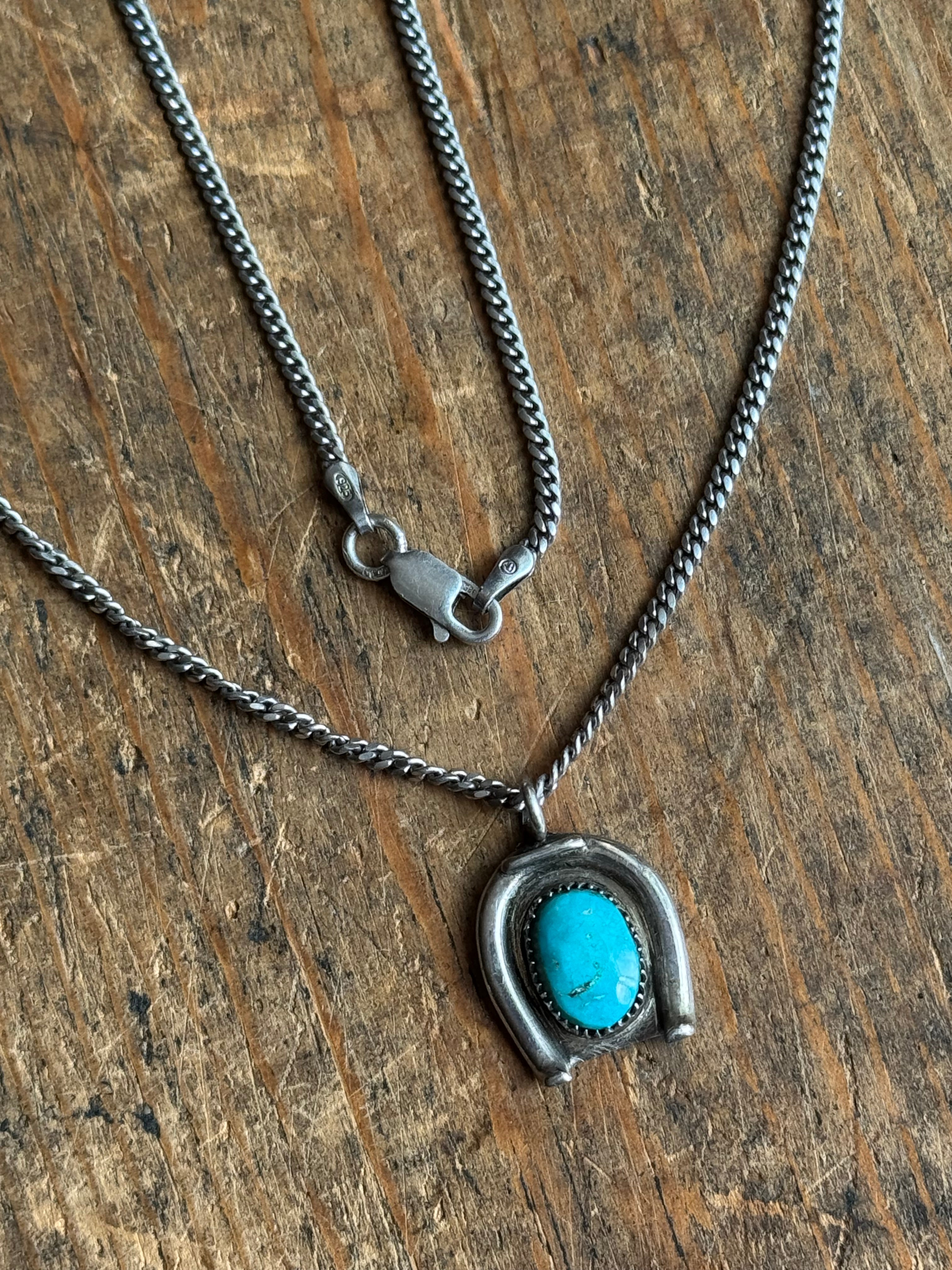 Vintage Sterling Silver Turquoise Horseshoe 22" Necklace
