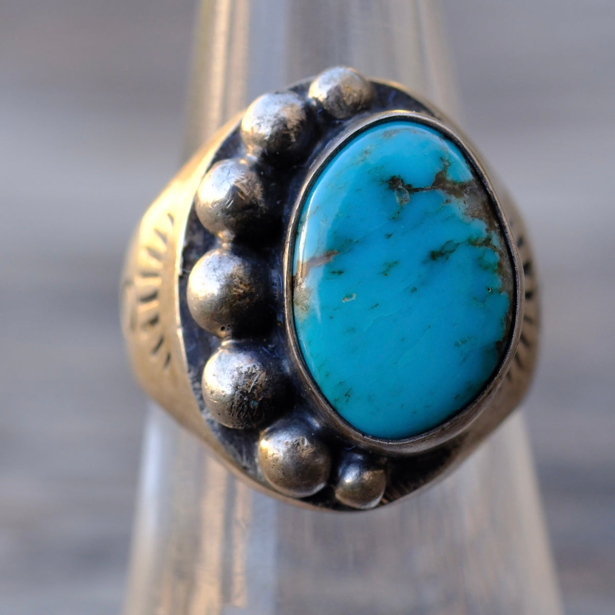 Vintage Sterling Turquoise Stamped Band Ring 7