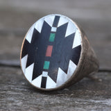 Vintage Sterling Zuni Inlay Ring 9.75