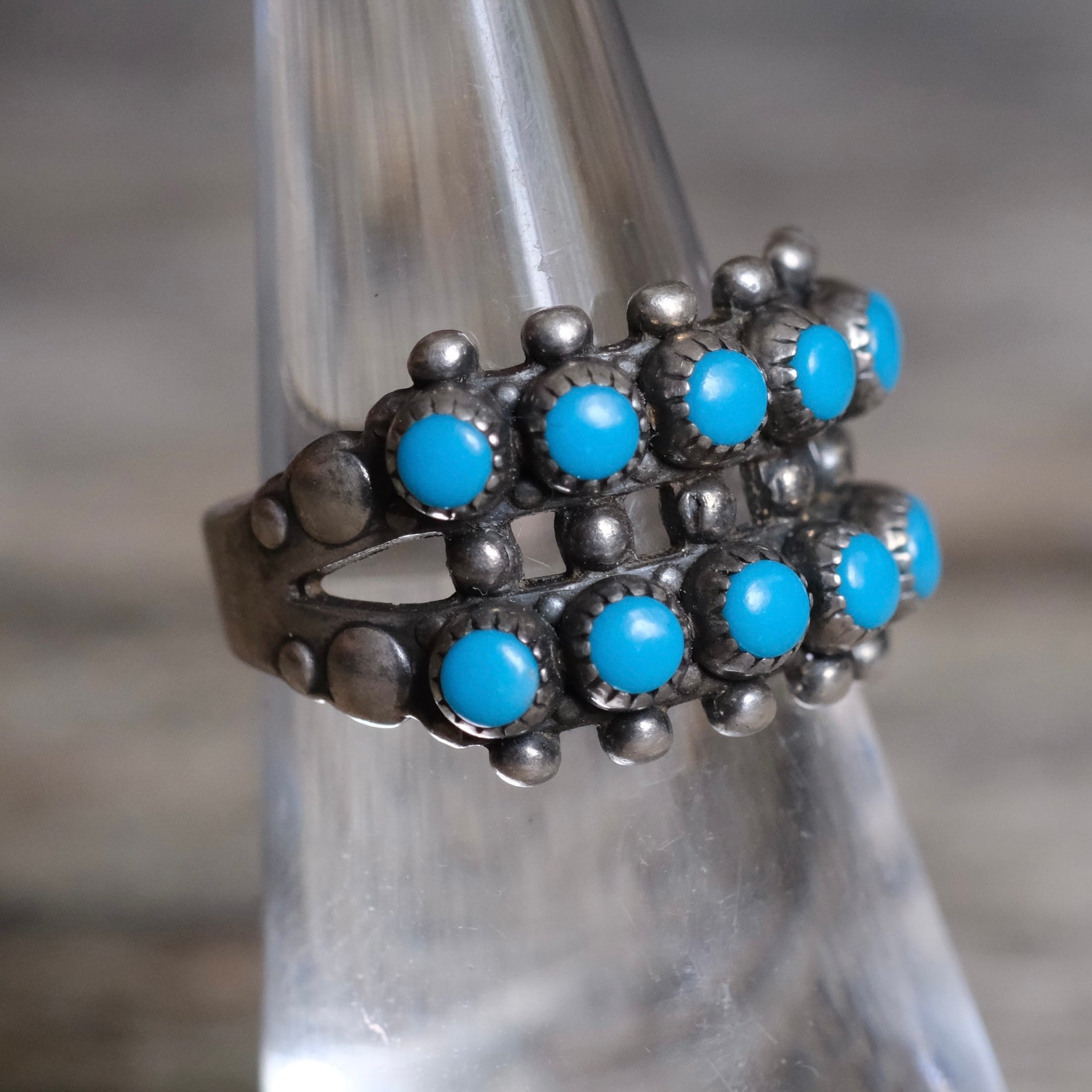 Vintage Sterling Snake Eye Turquoise Double Row Ring 5.5