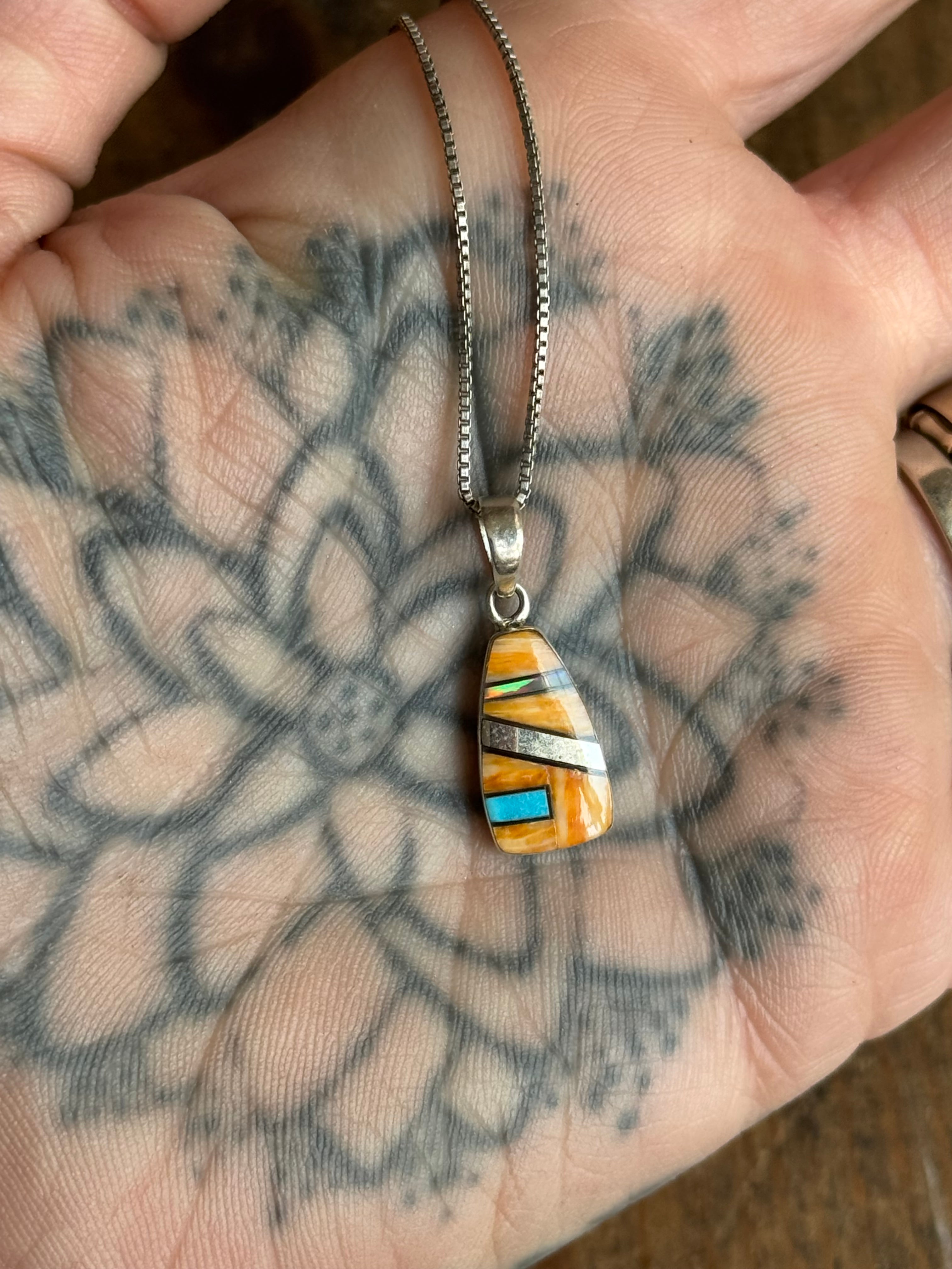 Vintage Sterling Silver Multistone Inlay Shield 18" Necklace