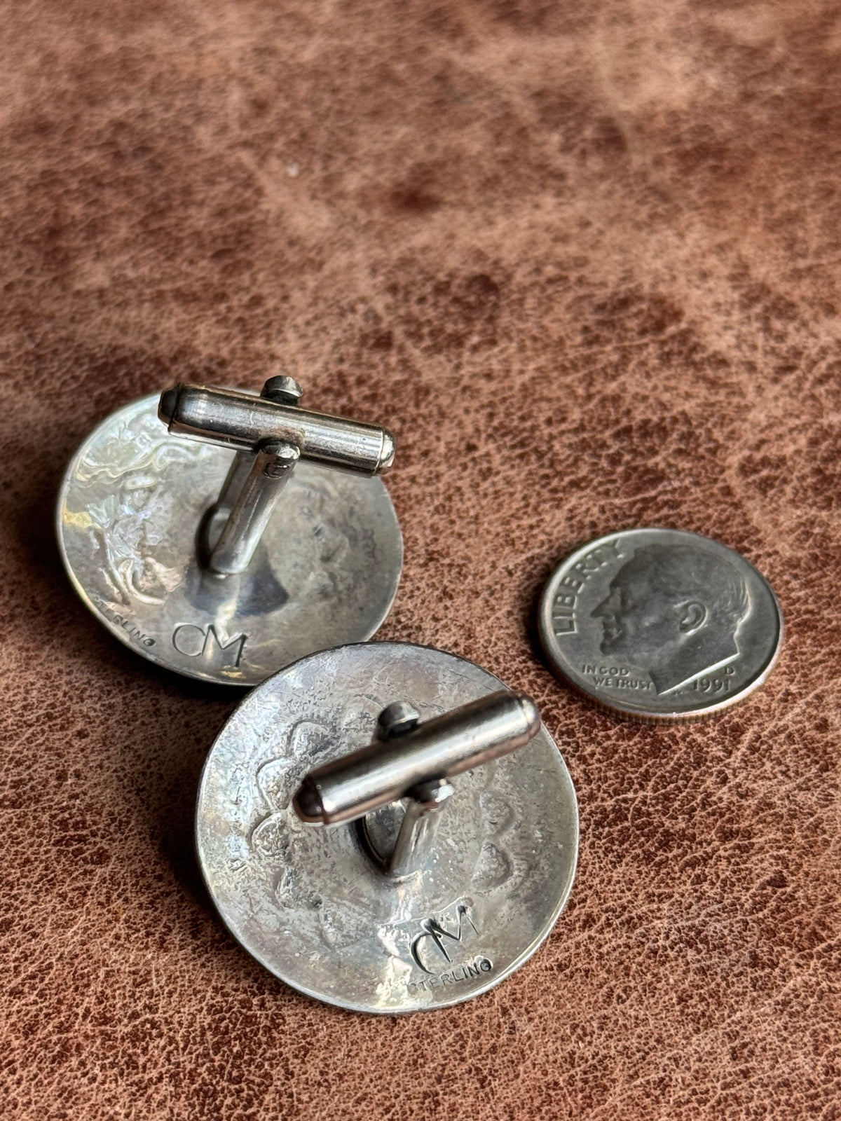 Vintage Sterling Silver Stamped Turquoise Concho Cufflinks