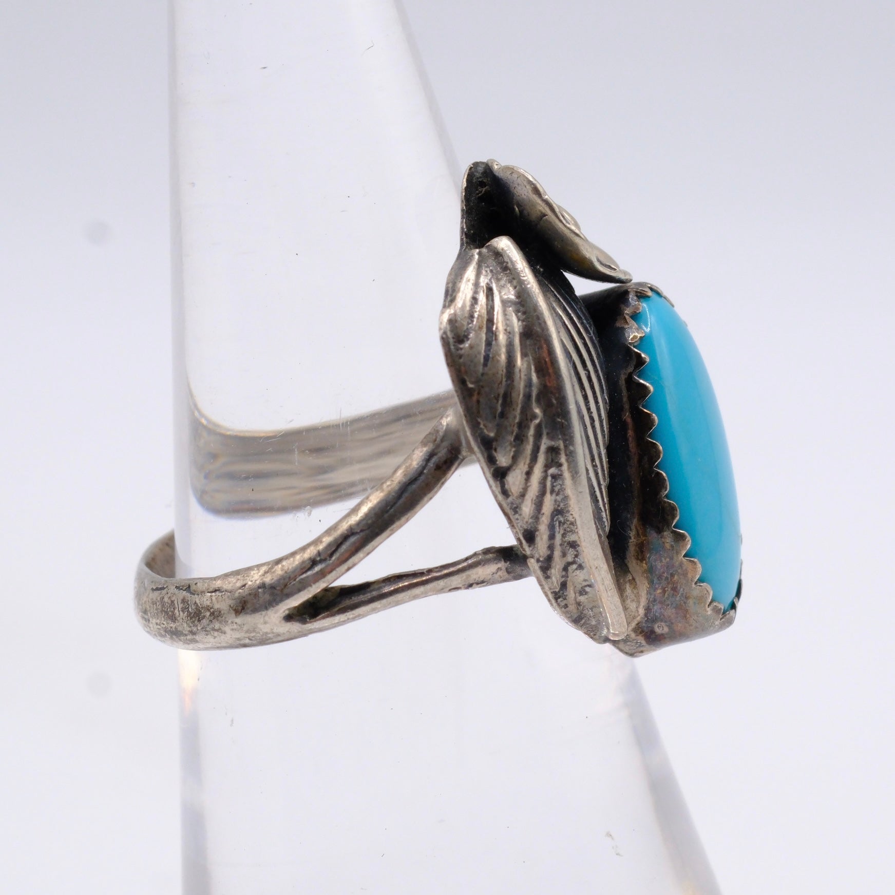 Vintage Sterling Turquoise Feather Ring 6.25