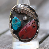 Vintage Sterling Turquoise And Coral Feather Ring 9.5