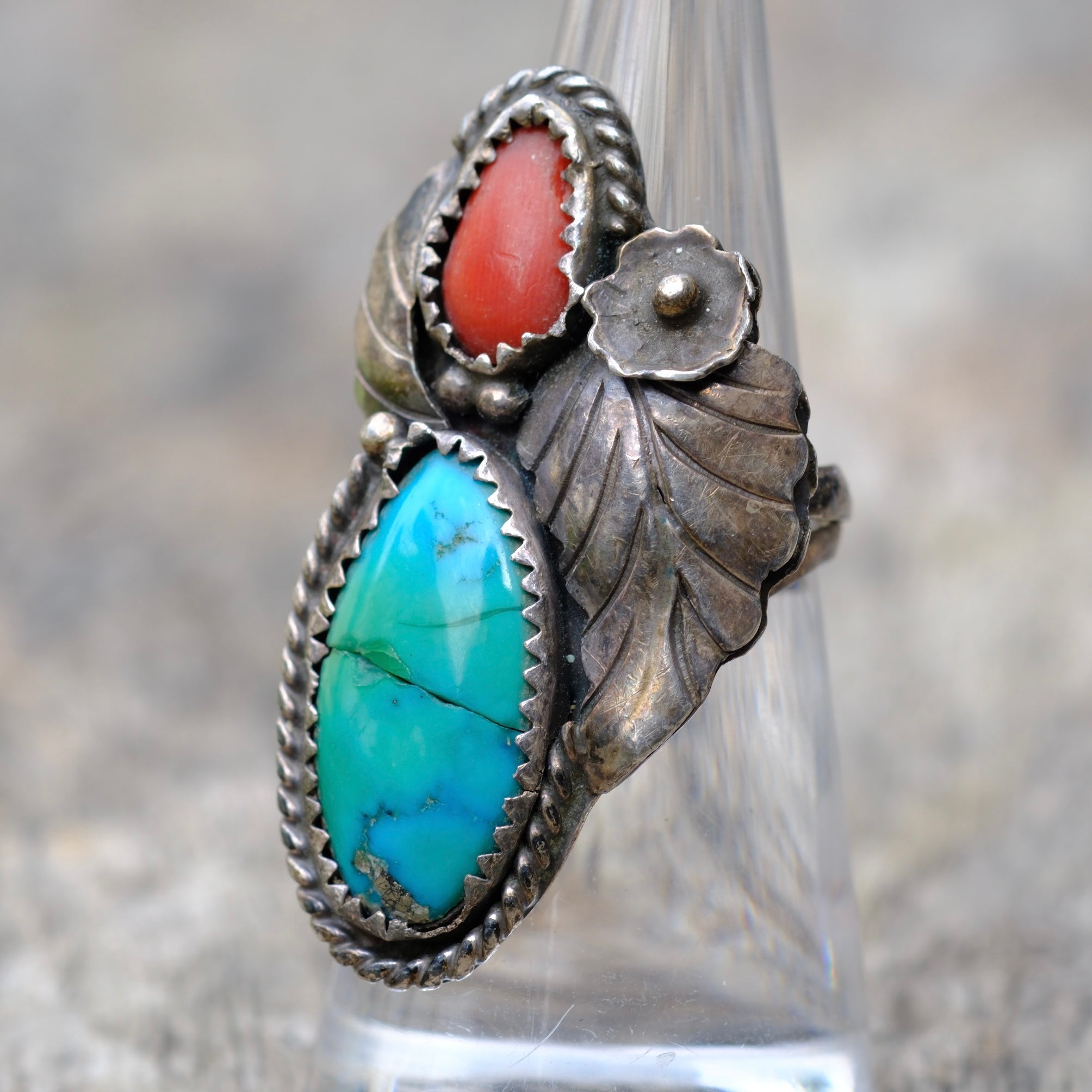 Vintage Sterling Turquoise and Coral Feather Ring 6
