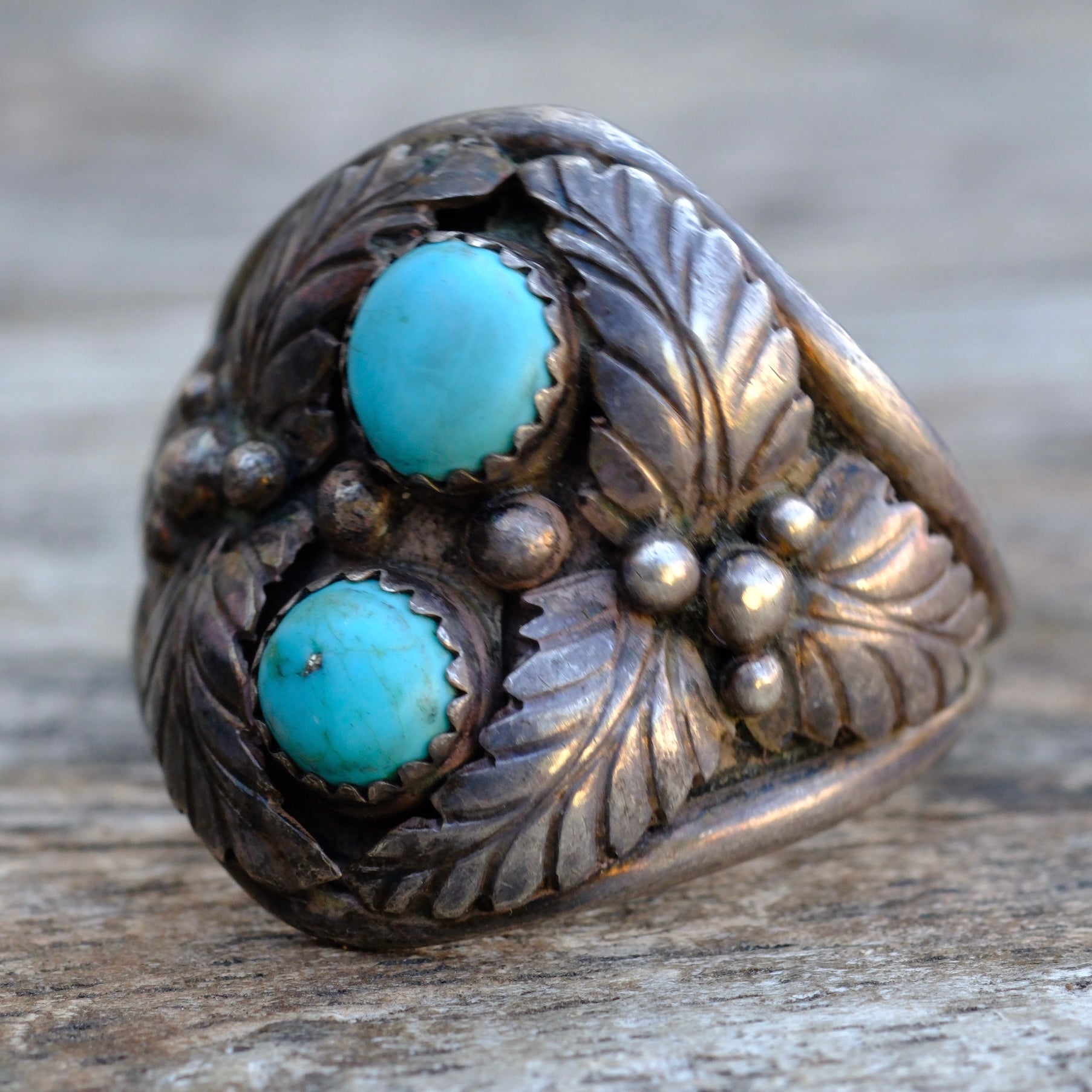 Vintage Sterling 2-Stone Turquoise Feather Ring 13.5