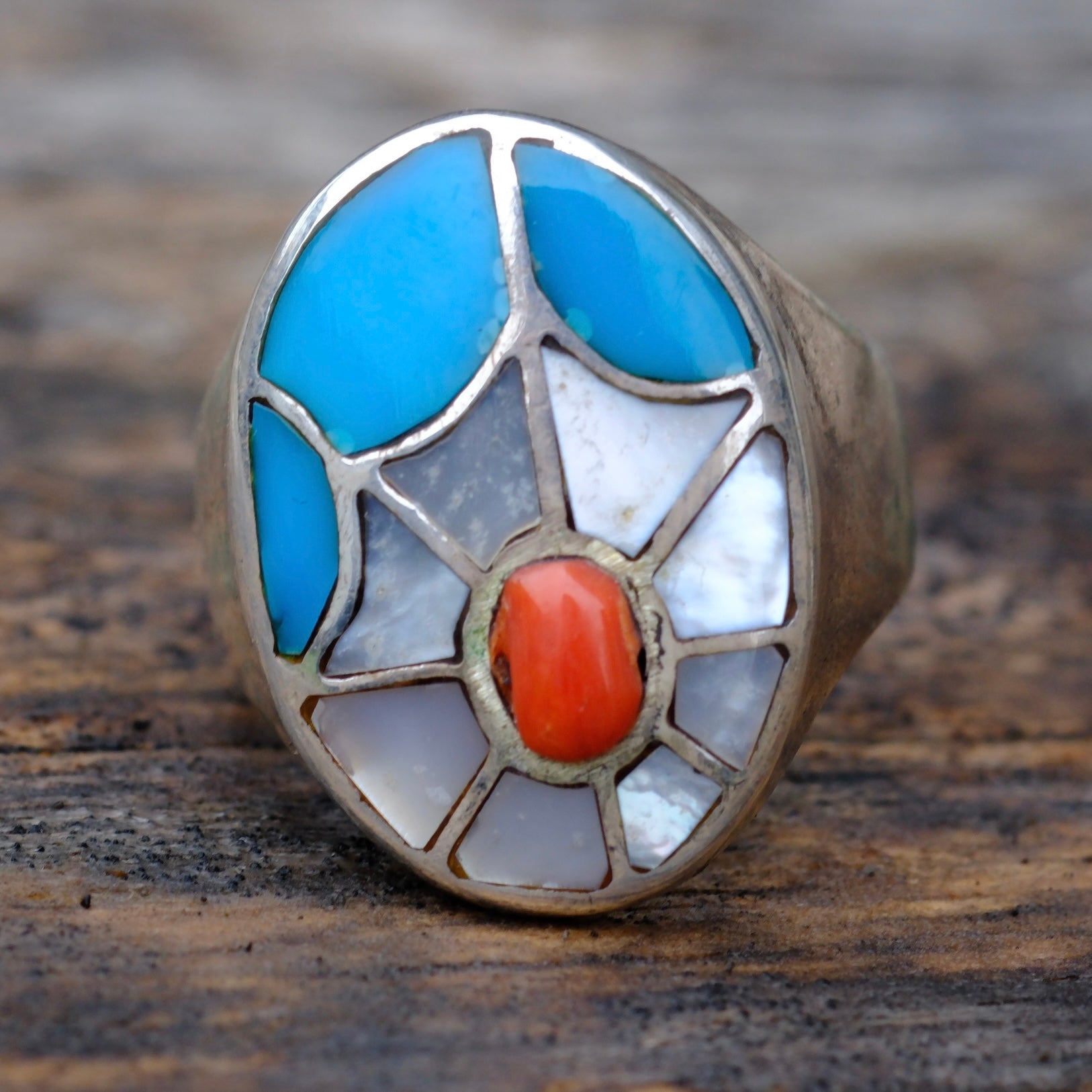 Vintage Sterling Turquoise MOP and Coral Inlay Spiderweb Ring 9.75