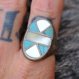 Vintage Sterling Turquoise and Mother Of Pearl Inlay Ring 12.25