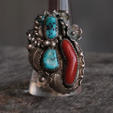 Vintage Sterling Turquoise And Coral Feather Ring 11
