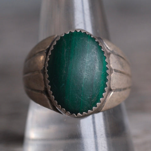 Vintage Sterling Malachite Ribbed Band Ring 9.75