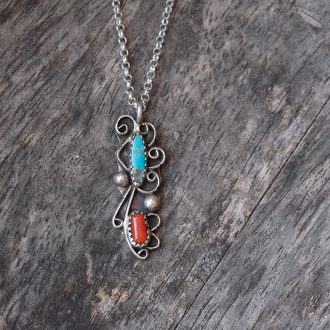 Vintage Sterling Turquoise and Coral Necklace