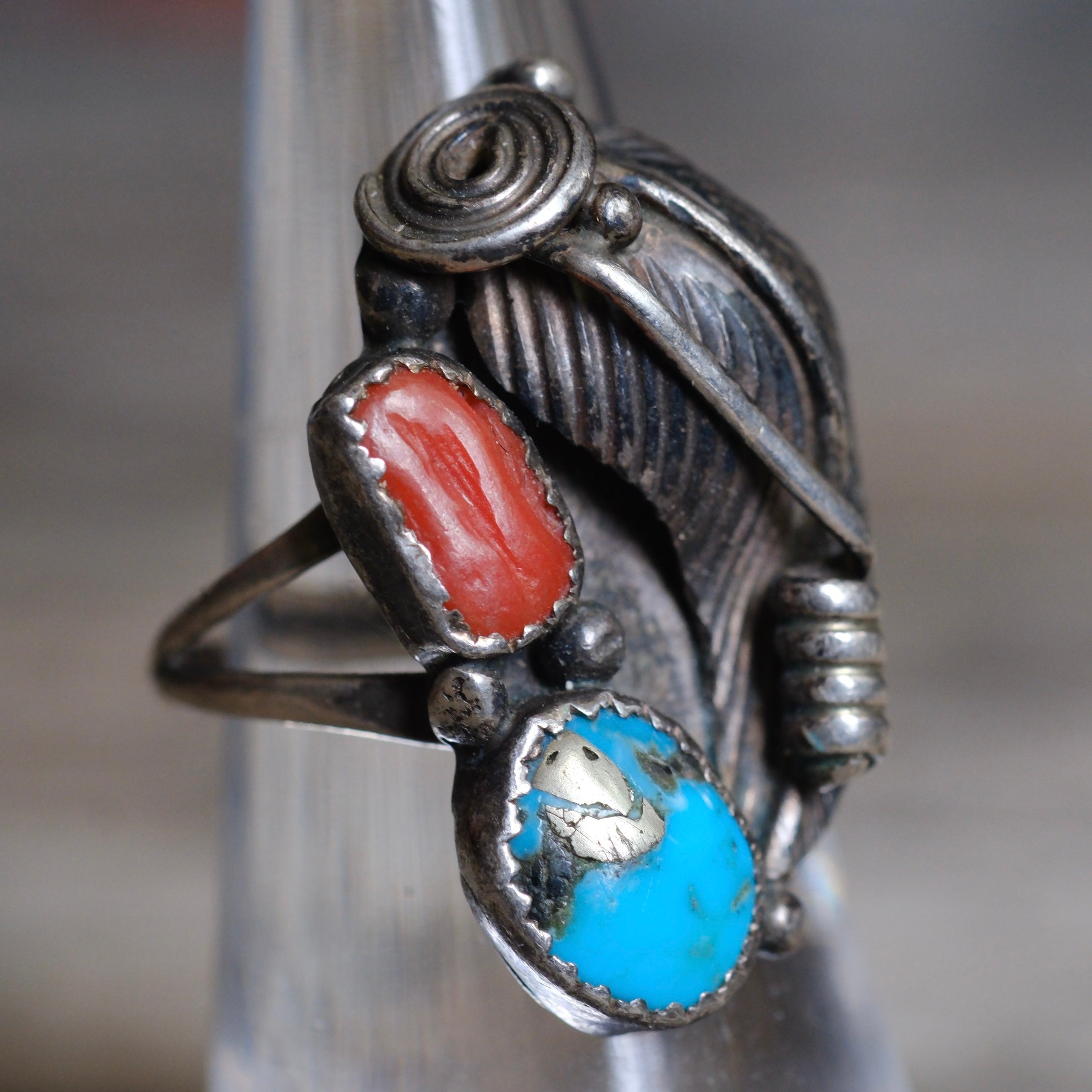 Vintage Sterling Turquoise and Coral Feather Ring 5.5