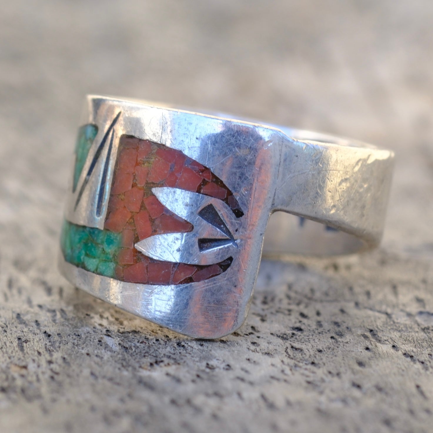 Vintage Sterling Turquoise and Coral Inlay Ring 6.25