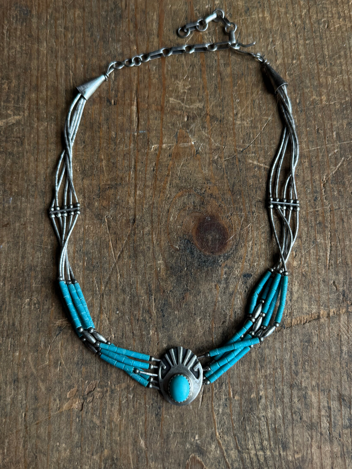 Vintage Sterling Silver Turquoise & Liquid Silver Beaded Concho Choker Necklace