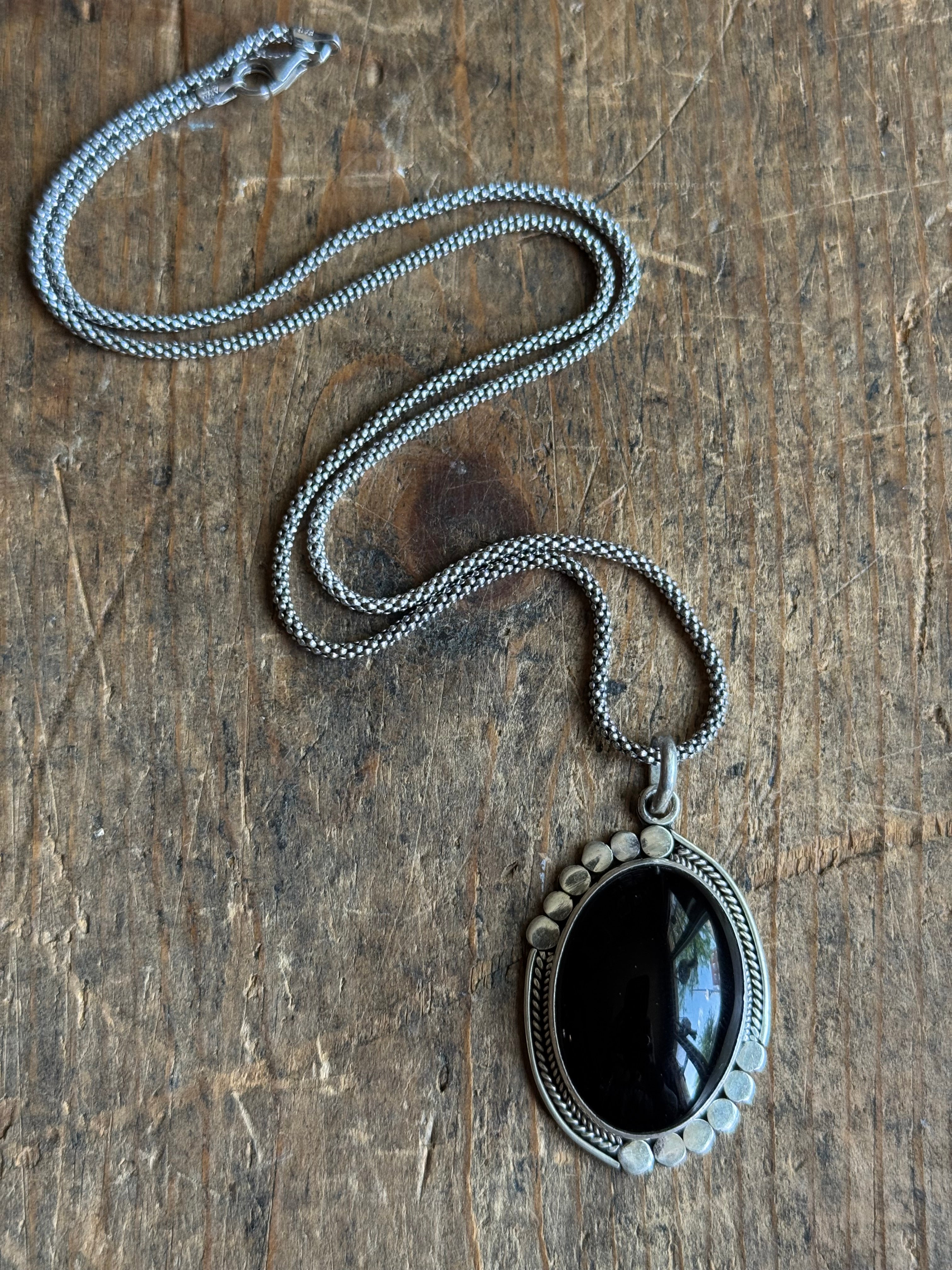 Vintage Sterling Silver Onyx Tribal Pendant
