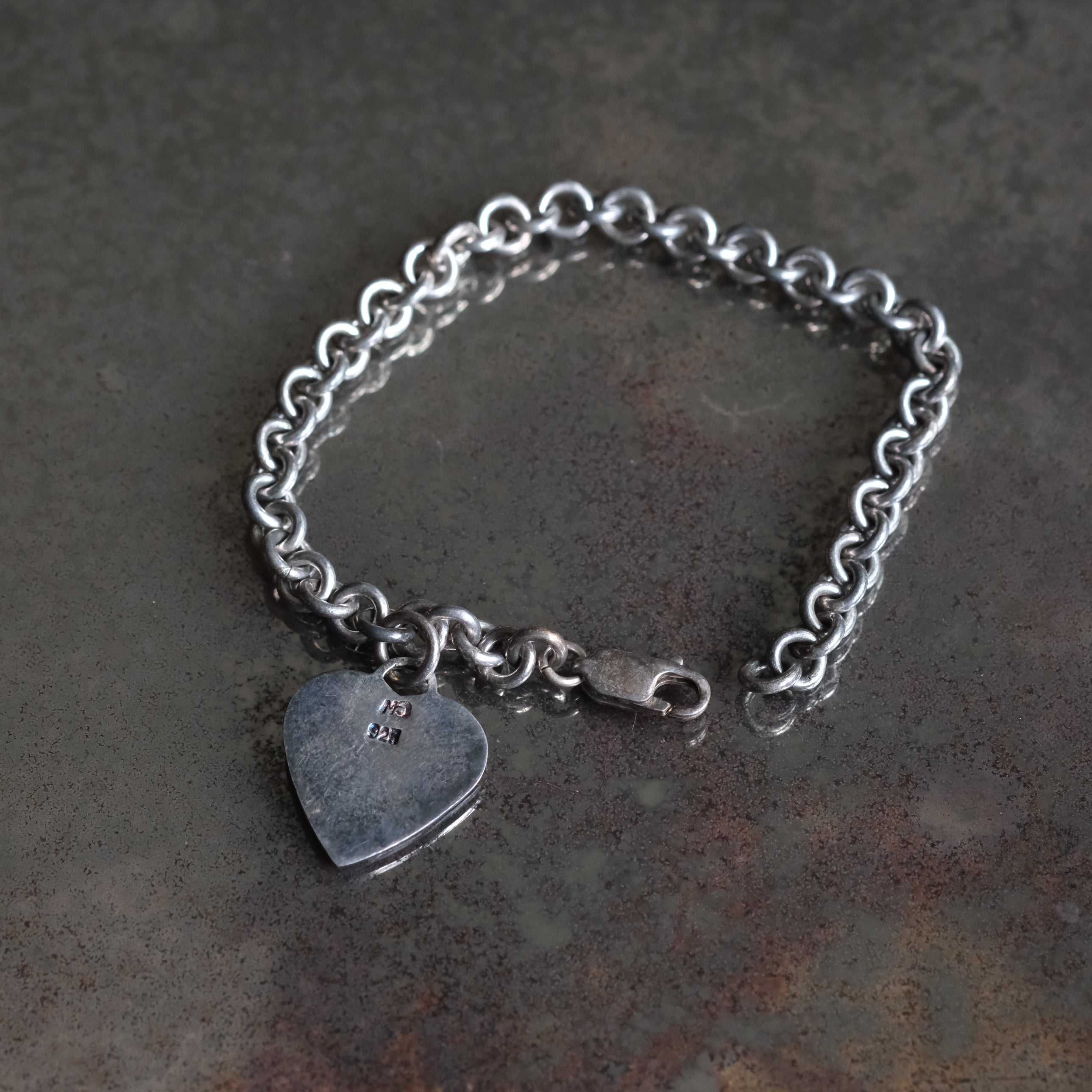 Vintage Sterling Rolo Link Heart ID Bracelet 7.5"