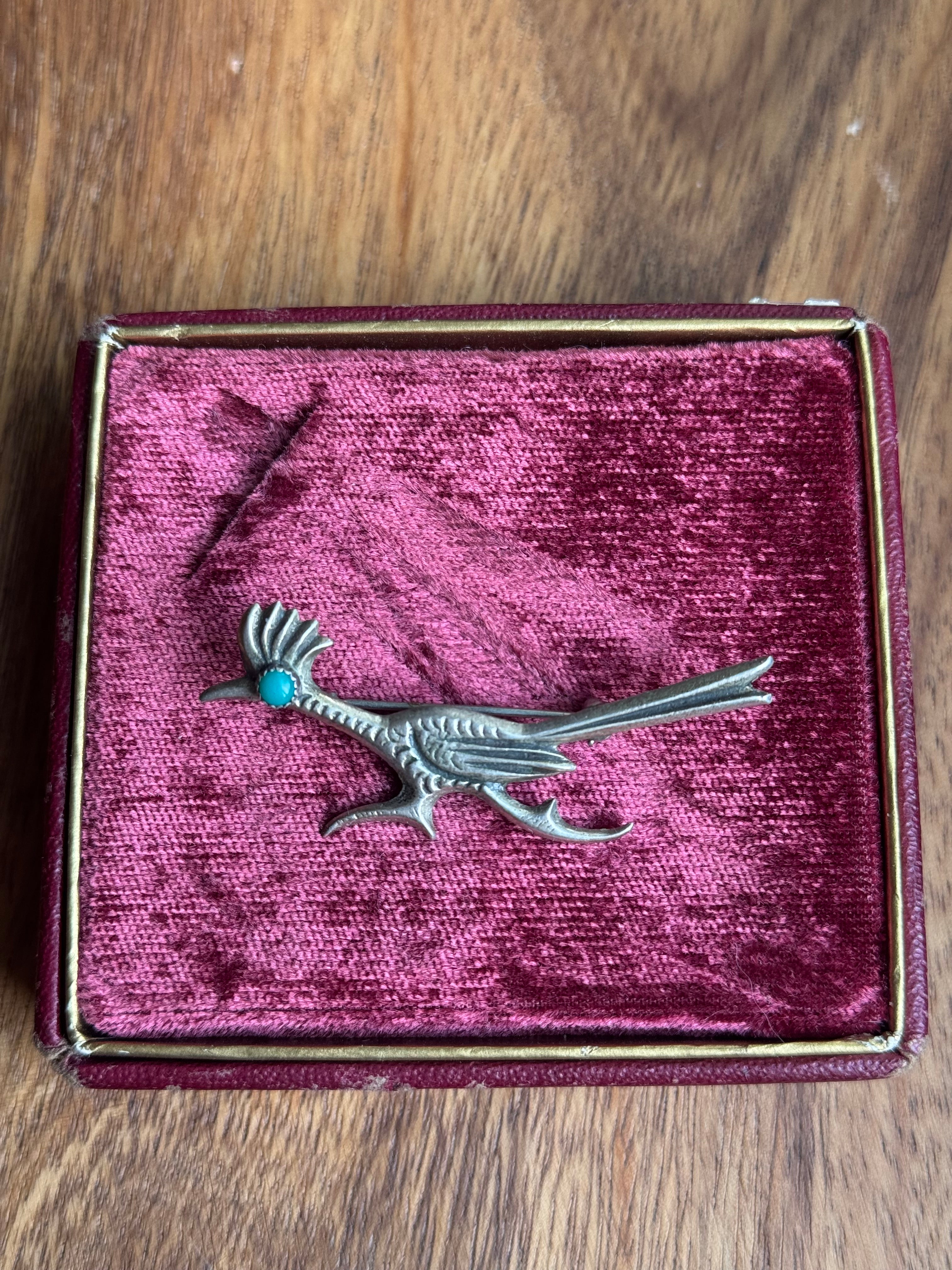 Vintage Sterling Silver Turquoise Road Runner Pin