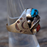 Vintage Sterling Turquoise and Coral Feather Ring 7