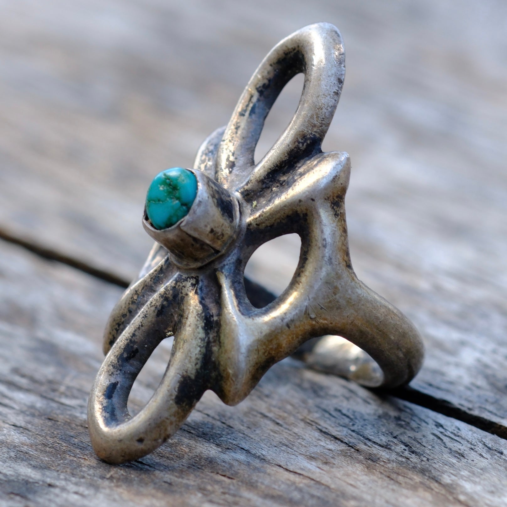 Vintage Sterling Turquoise Sand Cast Ring 6.5
