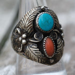 Vintage Sterling Turquoise and Coral Feather Ring 9.25