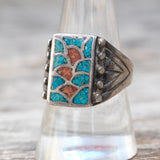 Vintage Sterling Turquoise and Coral Inlay Ring 9.25