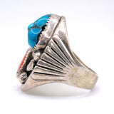 Vintage Sterling Turquoise and Coral Feather Ring 11.5