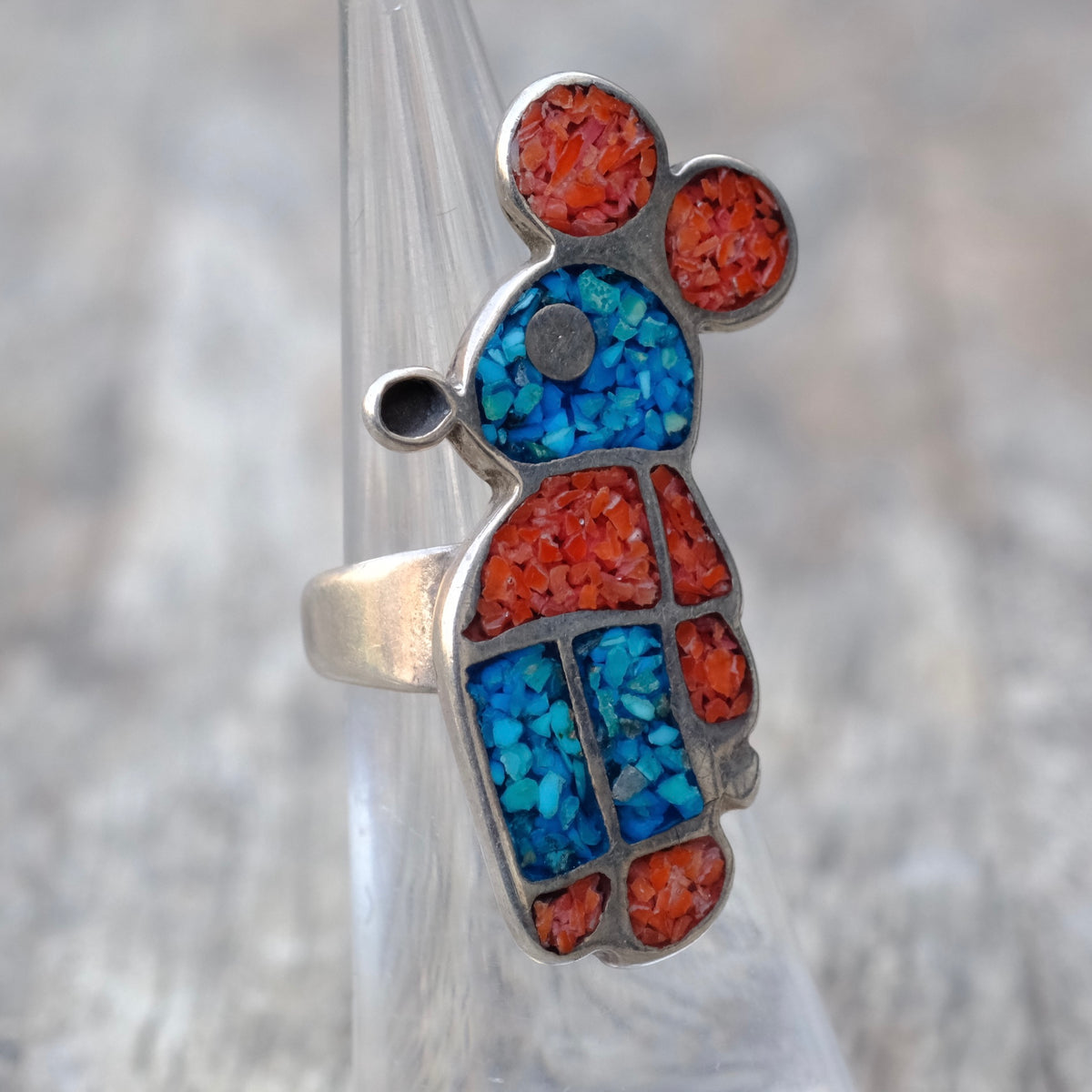 Vintage Sterling Turquoise and Coral Mickey Ring 4.75