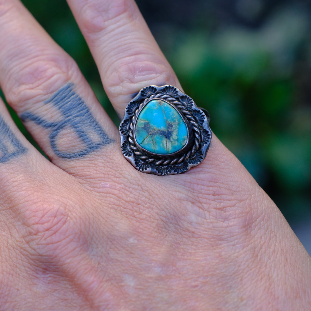 Vintage Sterling Turquoise Roper Ring 6.25