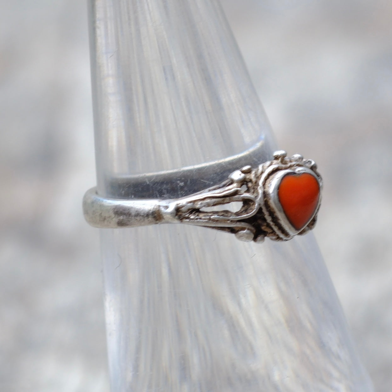 Vintage Sterling Silver Coral Heart Ring 4.75