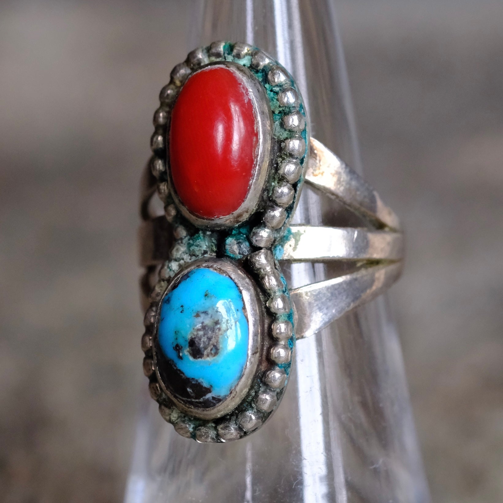 Vintage Sterling Turquoise And Coral Roper Ring 5.75